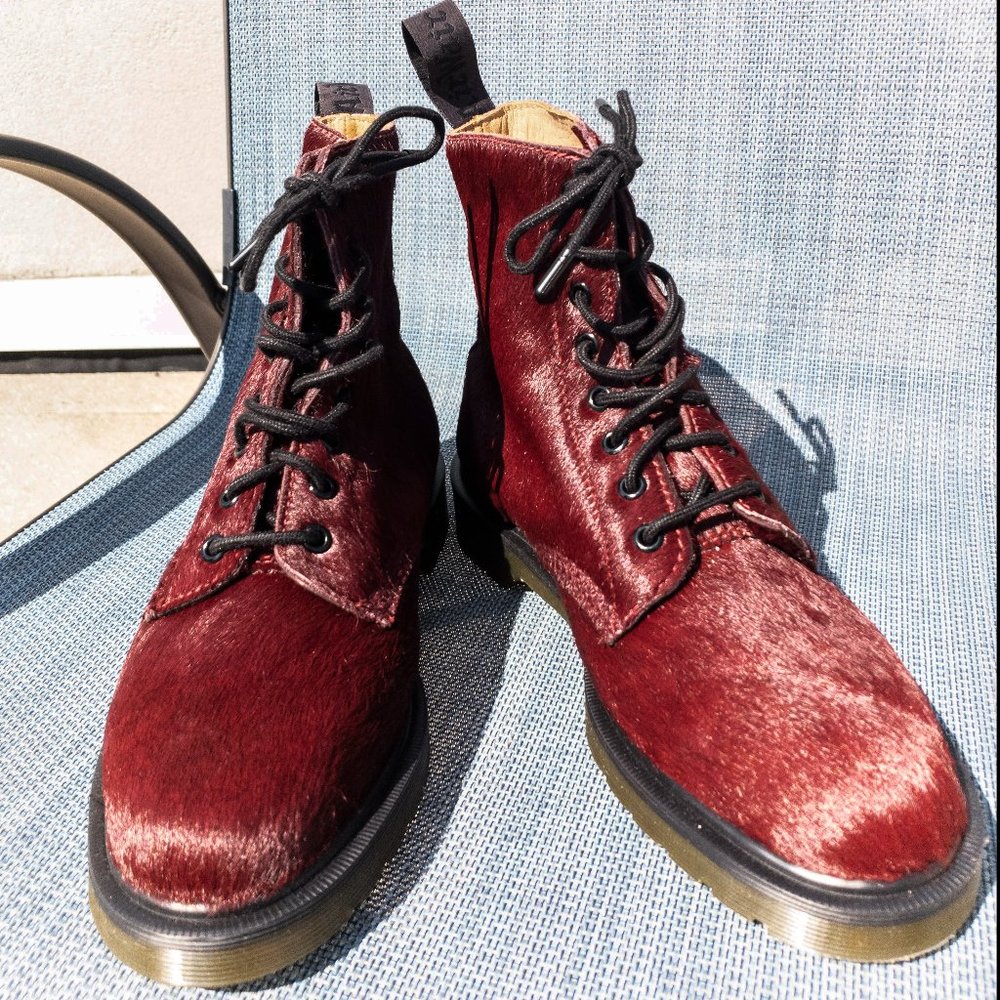 Unique Red Fur Dr. Martens Lace Up Combat Boots
